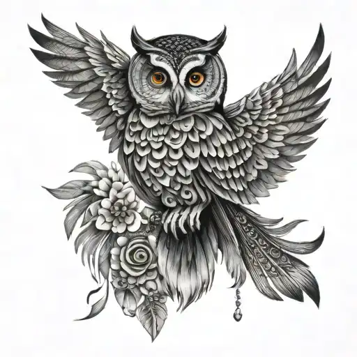 A black and grey owl tattoo with intricate jewelry-like details embedded in the feathers tattoo design idea