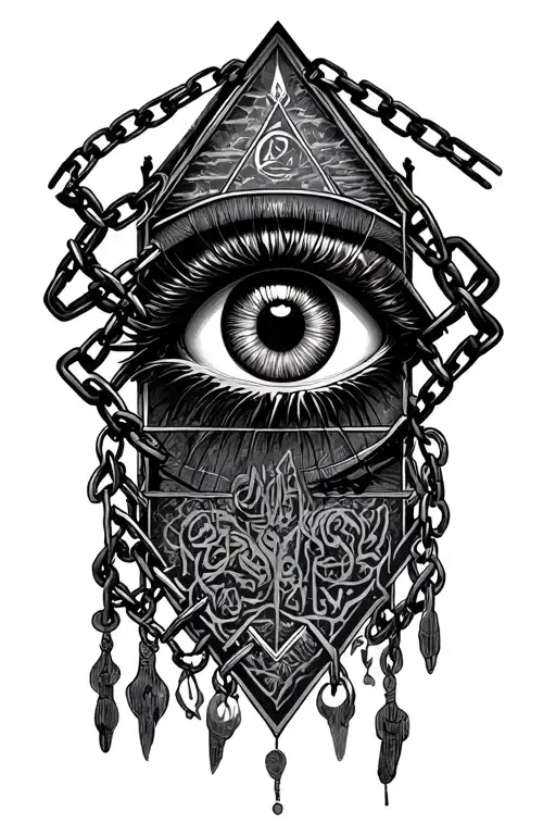 Illuminati chained with phrase that says below: the eye that saw all the pain in my life, which chains my memories and tattoo design idea