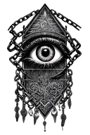 Illuminati chained with phrase that says below: the eye that saw all the pain in my life, which chains my memories and tattoo design idea