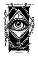 Illuminati chained with phrase that says below: the eye that saw all the pain in my life, which chains my memories and tattoo design idea