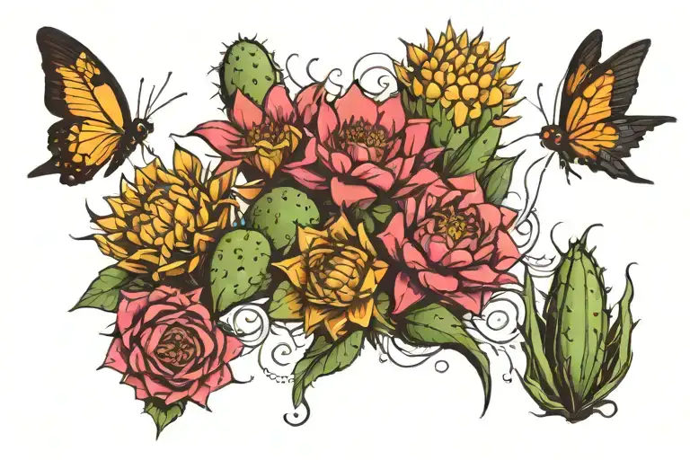 cactus, corn stalk, water, sun, flowers, butterflies, hummingbirds tattoo design idea