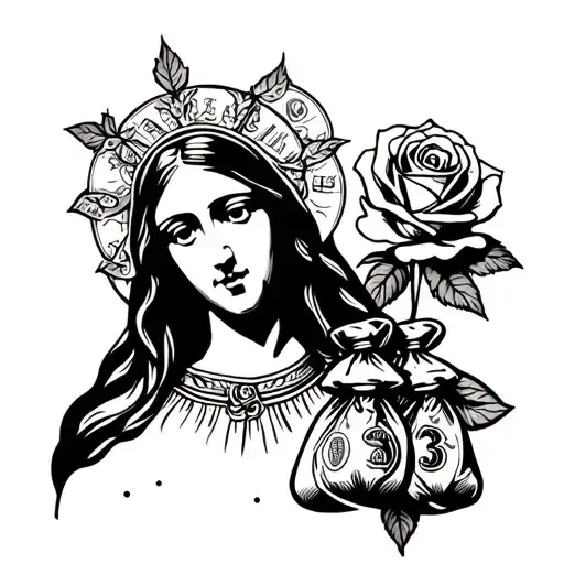 virgin mary  with money bags and a rose tattoo design idea