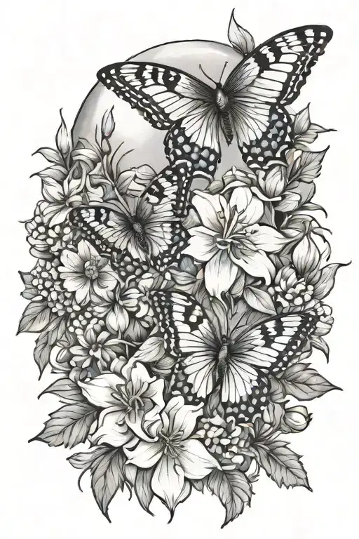 larkspur aster flowers with butterfly moon and cardinal tattoo design idea