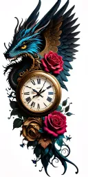 clock face, angel wings, roses, eye, dragon, butterfly tattoo design idea