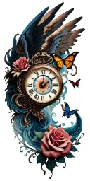 clock face, angel wings, roses, eye, dragon, butterfly tattoo design idea