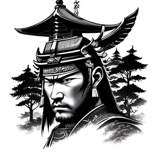 shogun warrior face with temple and trees background tattoo design idea