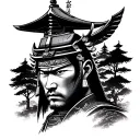 shogun warrior face with temple and trees background tattoo design idea