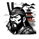 shogun warrior face with temple and trees background tattoo design idea