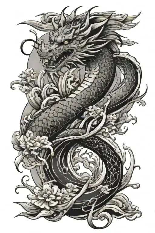 make a japanese arm sleeve tattoo. Make it have a dragon going from the chest to the arm with a cat, waves, koi fish, pa tattoo design idea