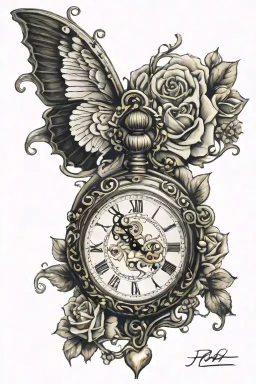 heart shaped pocketwatch surrounded in gemstones, roses in the background, I with a sleeping baby angel tattoo design idea