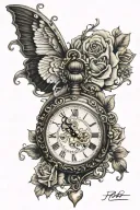 heart shaped pocketwatch surrounded in gemstones, roses in the background, I with a sleeping baby angel tattoo design idea