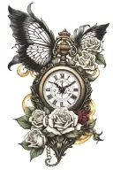 heart shaped pocketwatch surrounded in gemstones, roses in the background, I with a sleeping baby angel tattoo design idea