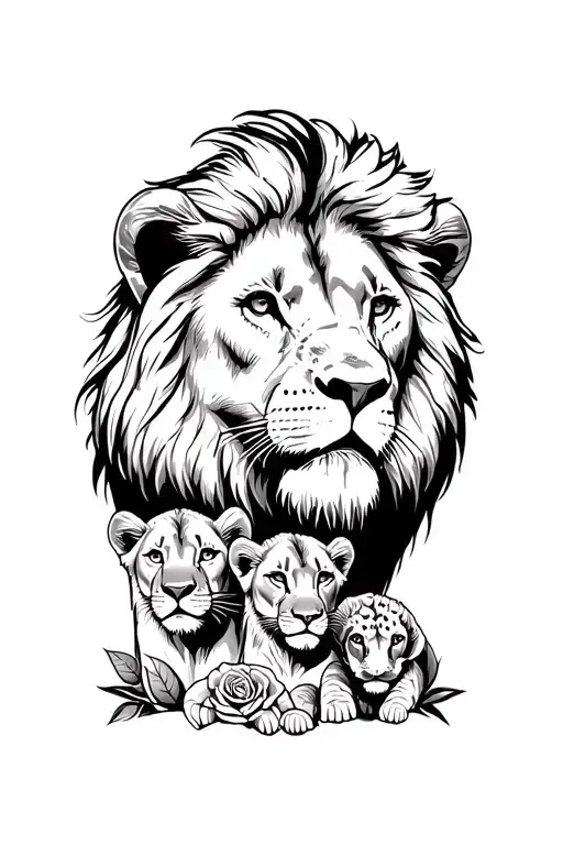 lion protecting lioness and 2 cubs face only, roses tattoo design idea