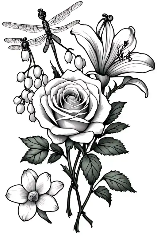 small bouquet of 2 roses, 2 lily of the valley with one dragonfly on one, one daffodil with a dragonfly, one narcissus,  tattoo design idea