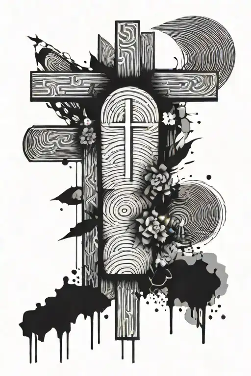 cross, fingerprint, Hebrew and Greek words tattoo design idea