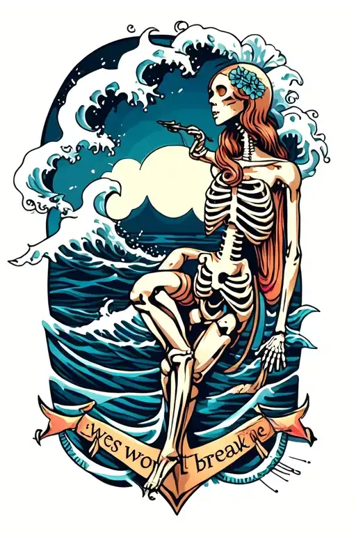 “Waves won’t break me” waves, ship, anchor skeleton lady tattoo design idea