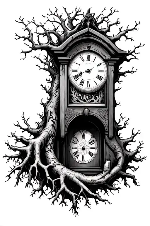 grandfather clock tree roots on fingers  tattoo design idea