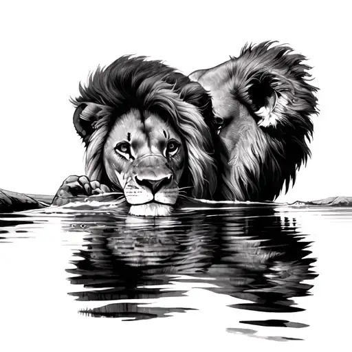 Simba looking into the water and seeing Mufasa in his reflection  tattoo design idea