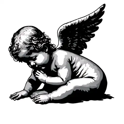 full body baby angel with wings slouched down with arms to side as if it was laying womb tattoo design idea