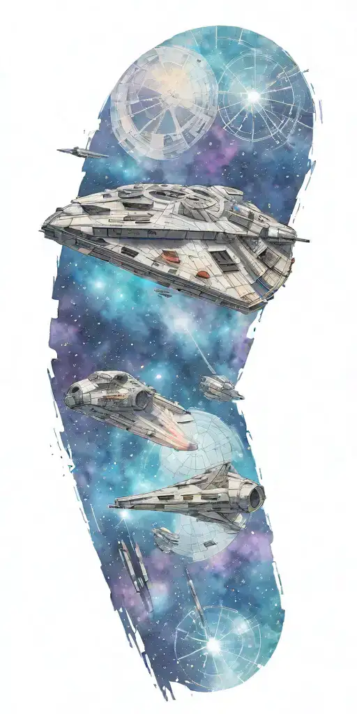 millennium falcon fighting death star in space tattoo design idea