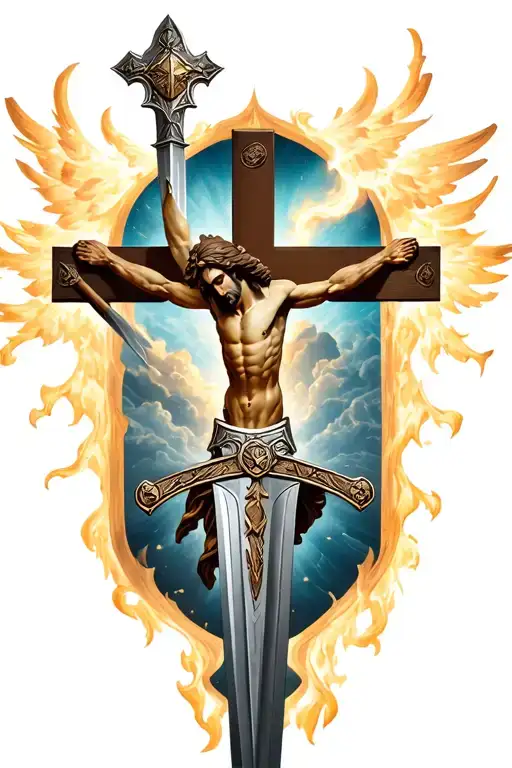 a crusader sword that transforms into jesus on the cross tattoo design idea