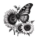 Butterfly on the ribs, with sunflowers tattoo design idea