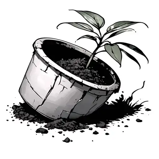 plant in a cracked pot on its side with a bit of dirt spilling out black and white thin lined tattoo design idea
