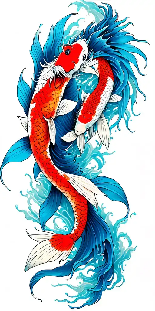 2 koi fish swimming up stream then turning in to dragons tattoo design idea