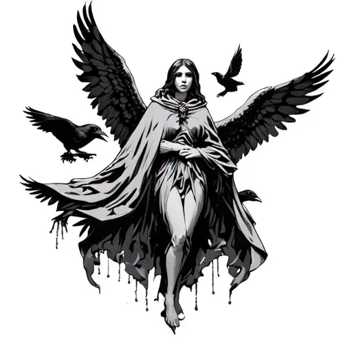 Gothic angel wrapped in a cloak with Ravens or crows surrounding them tattoo design idea