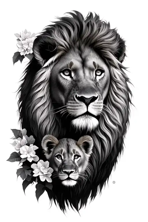 male lion with 2 cubs face only with hydrandgea bushes and bouganvillea  tattoo design idea
