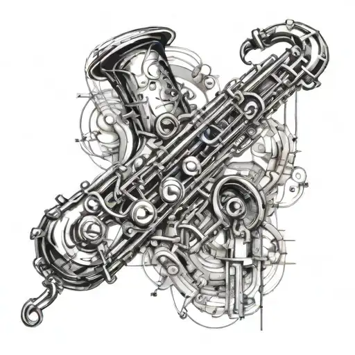 Design a detailed saxophone surrounded by industrial elements tattoo design idea