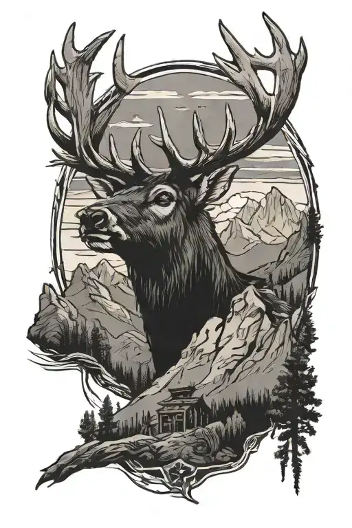 Red Dead Redemption 2, Deer head, mountains tattoo design idea