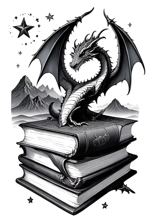 Fantasy and Romance with books and mountains and stars and dragons tattoo design idea