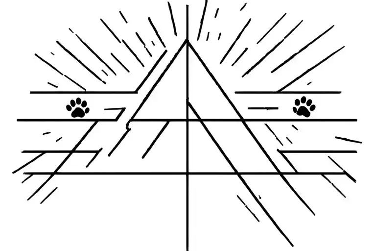 A triangle with a light beam entering one side of the triangle and coming out the other side are a series of dog paws tattoo design idea