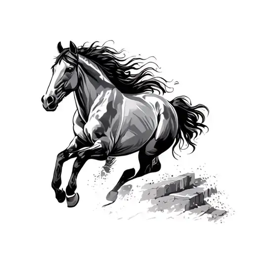 horse running up stairs shading black and white tattoo design idea