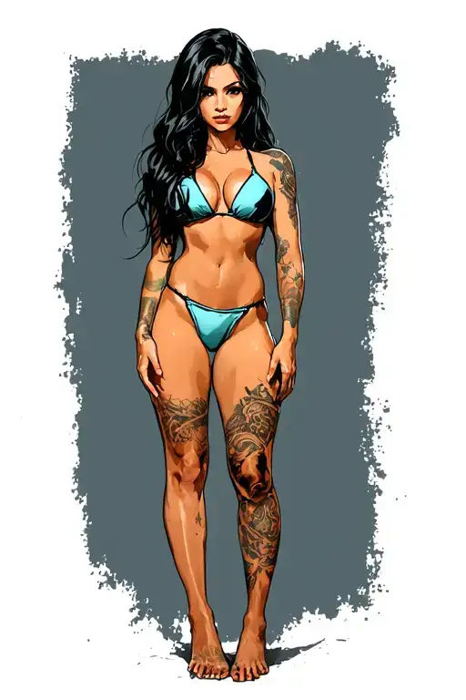 Sexy girl, petite, small boobs, wide hips, bikini . long hair,sexual. Seductive. Full Body, standing with legs and feet tattoo design idea