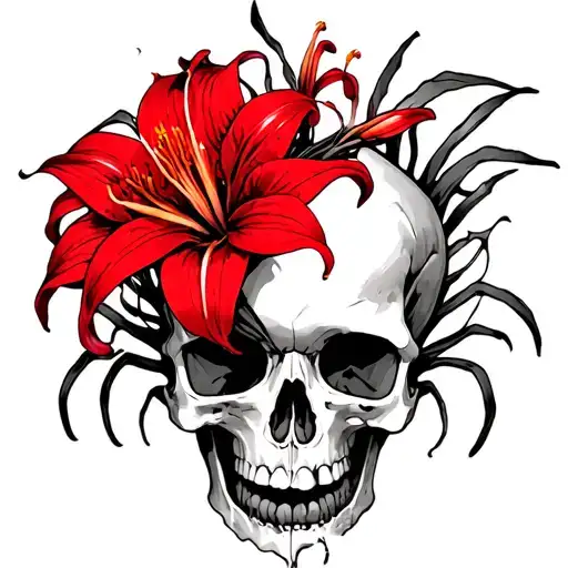 red spider lily coming out of skull surrounded tattoo design idea