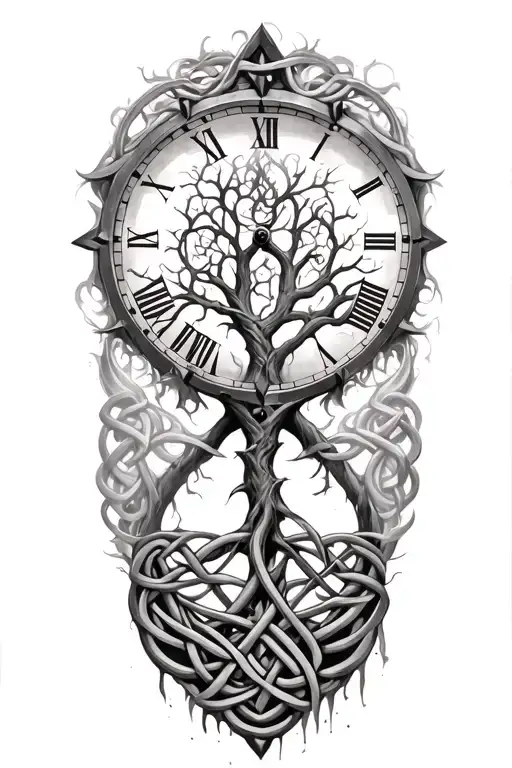 celtic tree of life clock surrounded by celtic knot tattoo design idea