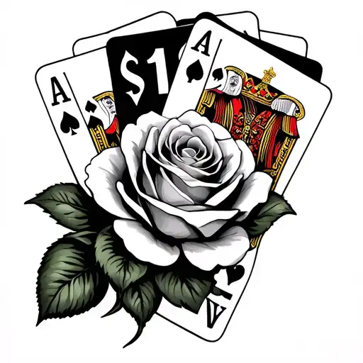 money rose with joker and king queen cards on top tattoo design idea