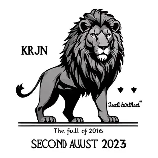 the name Krijn written underneath a full body lion and his birthdate the second of August 2025 tattoo design idea