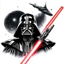 darthvader tattoo with red light sabre with a space background with Star wars battleships and interstellar blackhole tattoo design idea