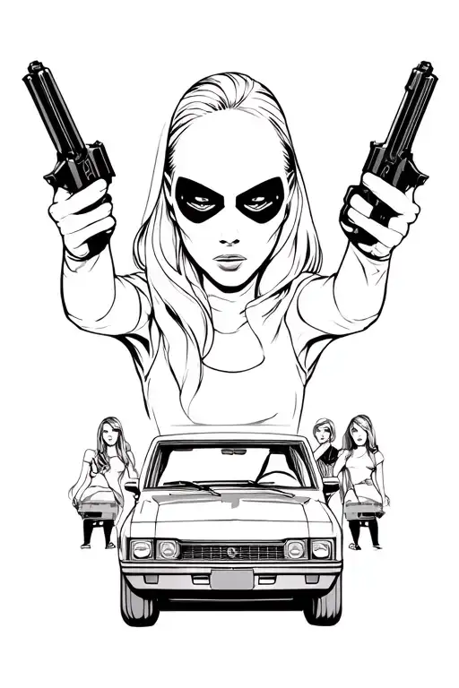 3 gangstar people are carrying gun with masked face with some car and some girls with some gold-digger girls tattoo design idea