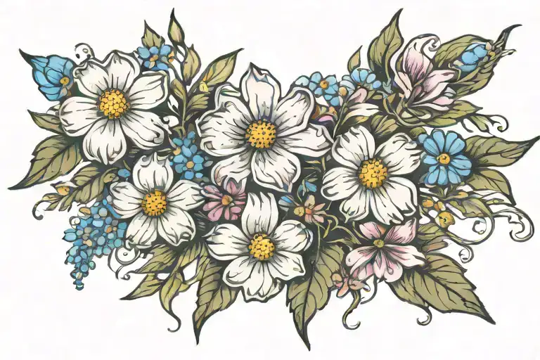 cosmos flowers with forget me not flower intertwined tattoo design idea