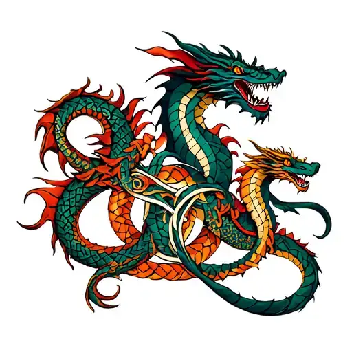 4 dragons interlinked in a celtic knot pattern. 1 dragon is a Maori taniwha desogn, 1 a celtic dragon, 2 vietnamese tattoo design idea