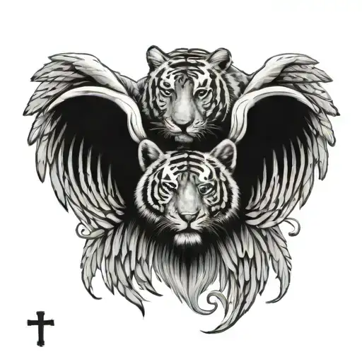1 wing attached to a heart with a cross with a tiger face on the left side tattoo design idea