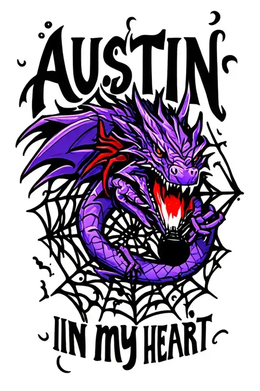 "Austin forever in my heart." purple dragon holding a spider web with a black and red spider hanging in it.  tattoo design idea