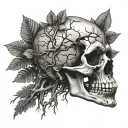 Old weathered skull with tree growing from cracked cranium tattoo design idea