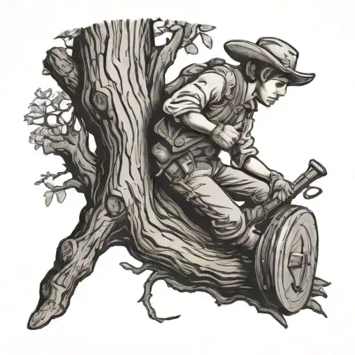 boy hiding in a hole of a trunk of large tree with a musket tattoo design idea