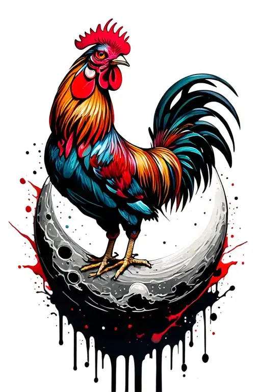 cool rooster on the moon tattoo design idea