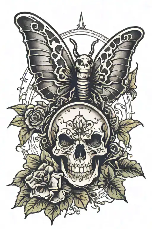 skull moth clock tattoo design idea